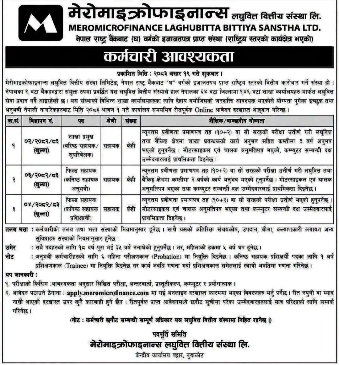 Mero Microfinance Job Vacancy 2083: Apply Online now