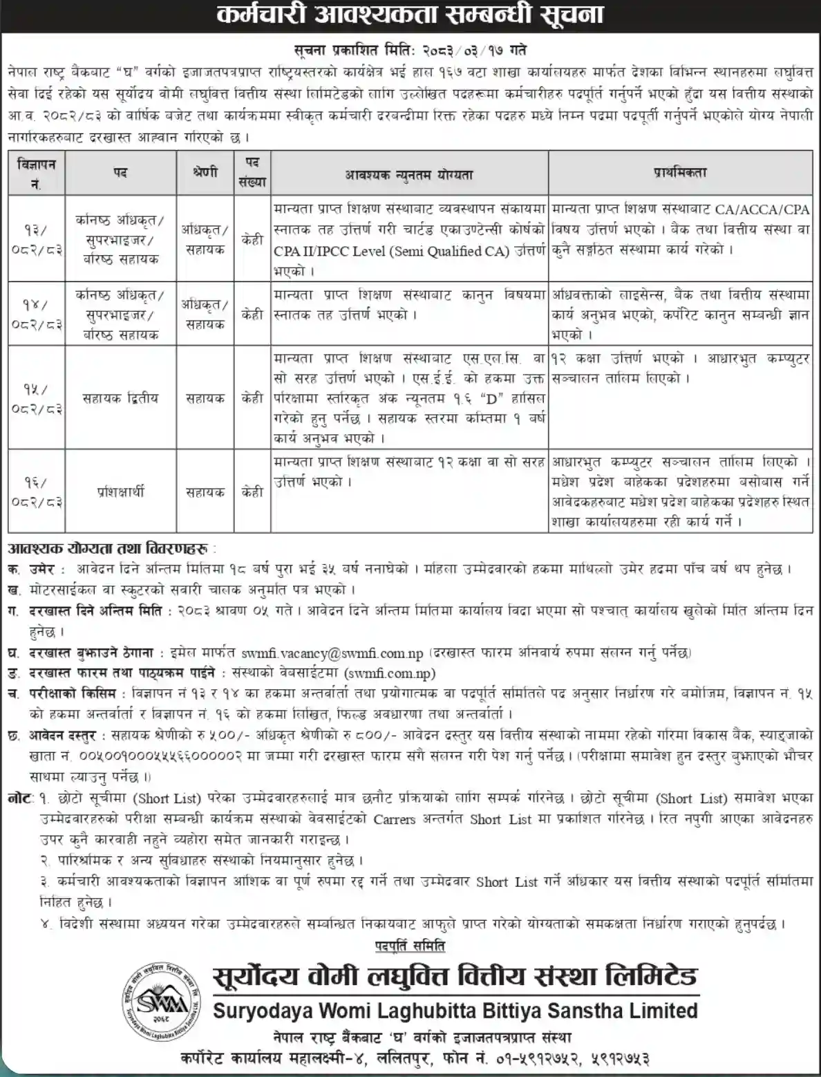 Suryodaya Womi Laghubitta Bittiya Sanstha Ltd Vacancy 2083 Official Job Notice
